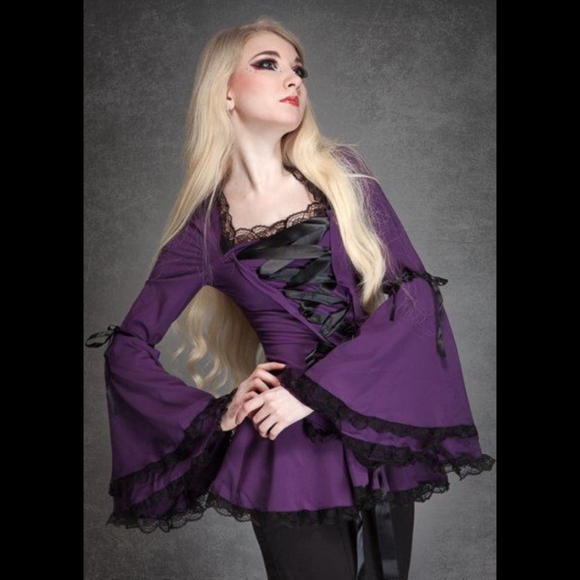 Tops - Purple Lace Up Bell Sleeve Top Size 16 (Tag Size 44)